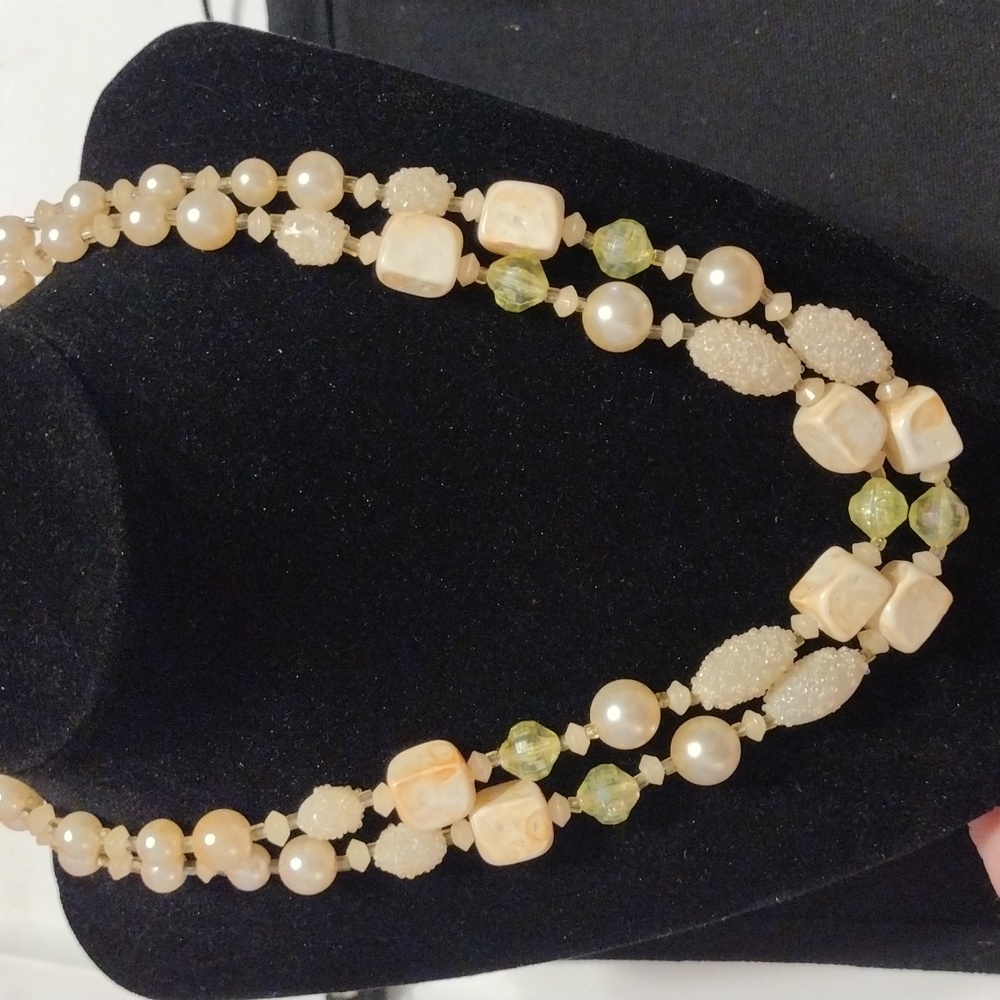 Vintage Hong Kong 2 Strand Pale Yellow Cream Sugar Beaded Necklace